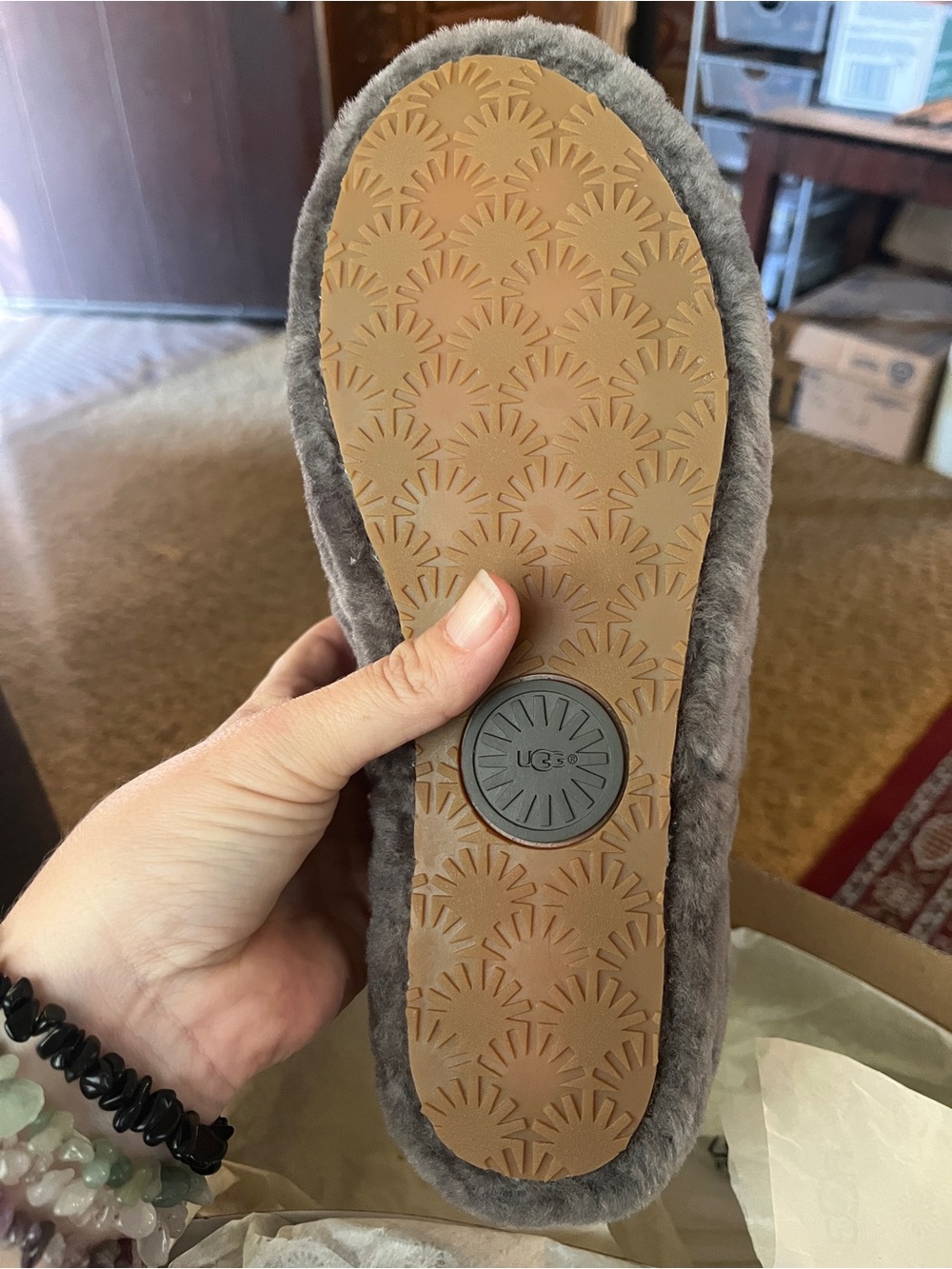 UGG Plush Shearling Slide in Charcoal Gray with Branded Strap - Picture 2 of 4
